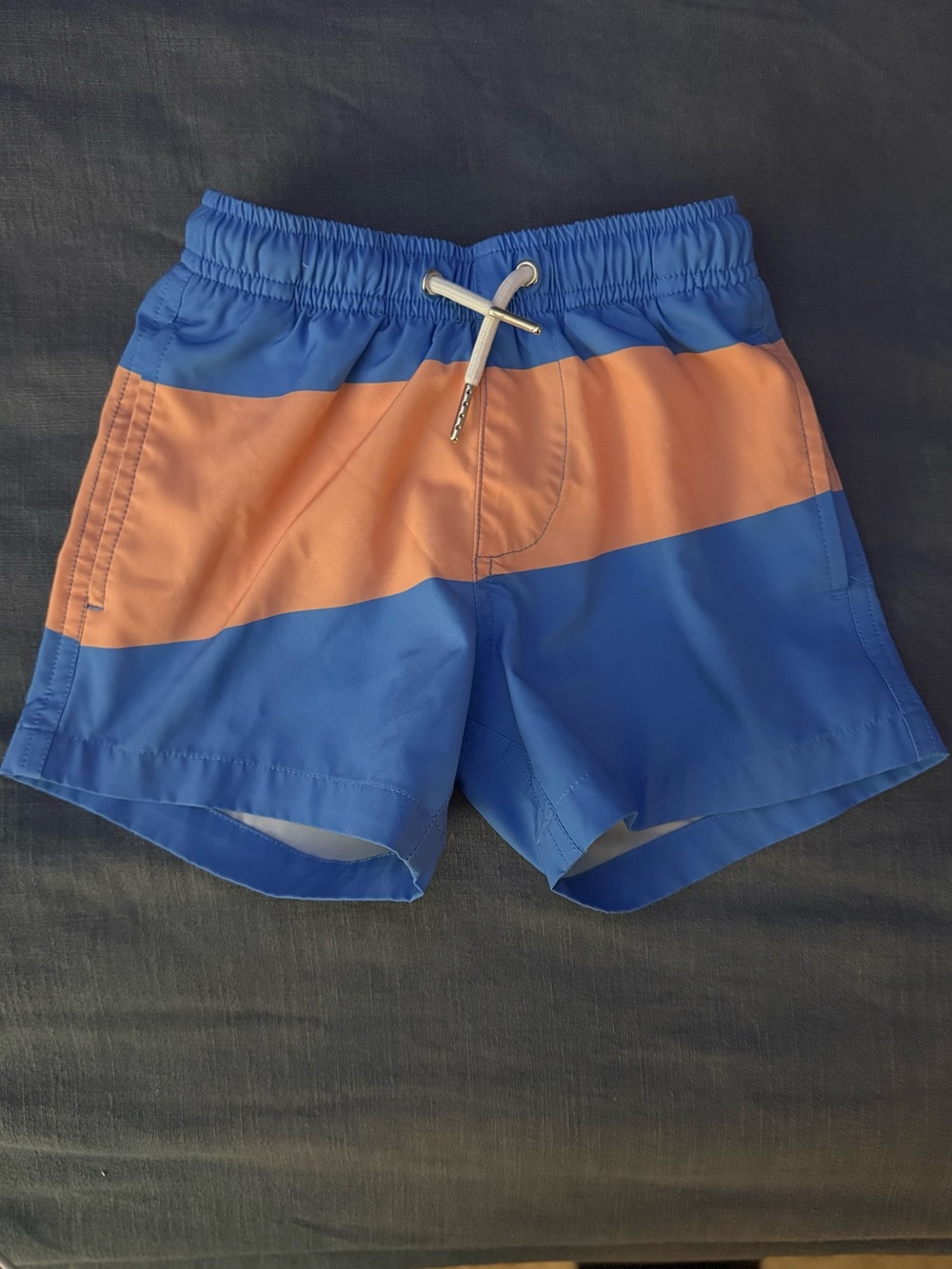 Bermies Boys Blue and Peach Colorblock Swim Trunks with Drawstring